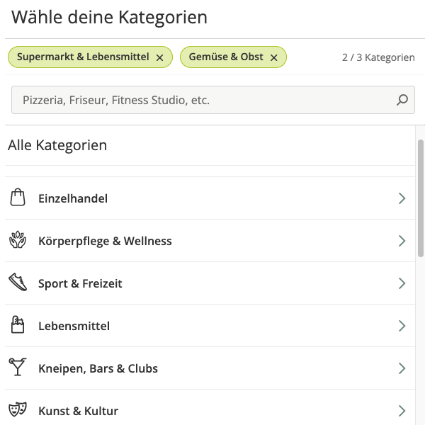 Wähle zwischen Kategorien in den Rubriken, Einzelhandel, Lebensmittel, Sport, Körperpflege und vielen mehr