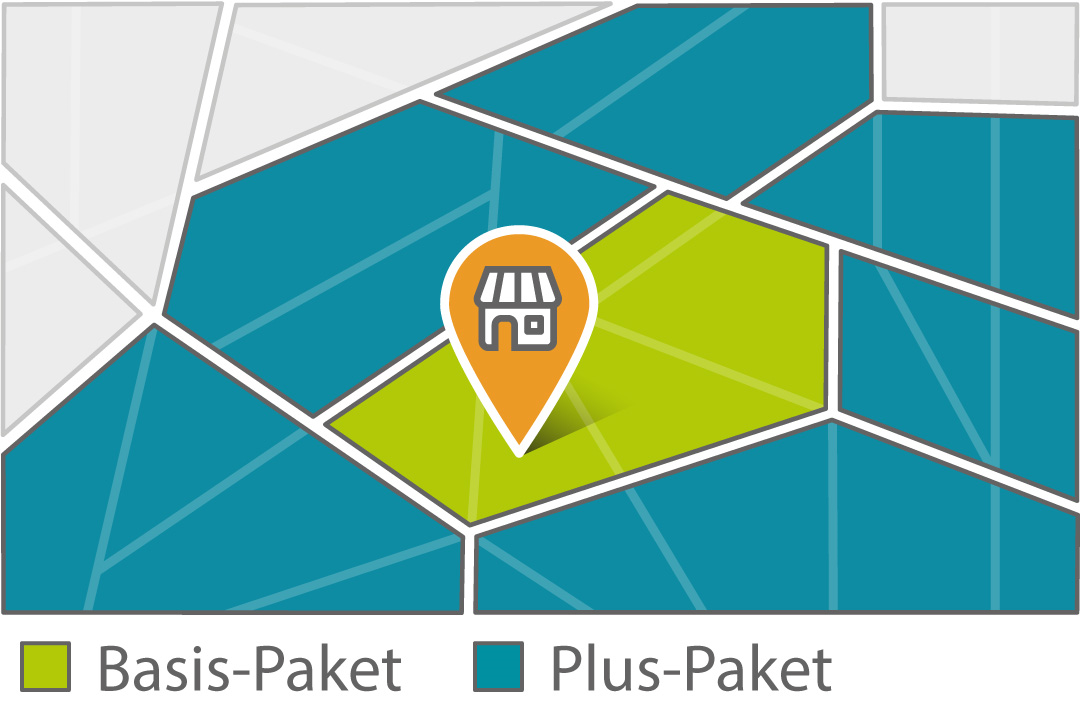 Mit dem Basispaket erreichst du deine direkte Nachbarschaft mit dem Pluspaket auch alle an deine Nachbarschaft angrenzenden Nachbarschaften